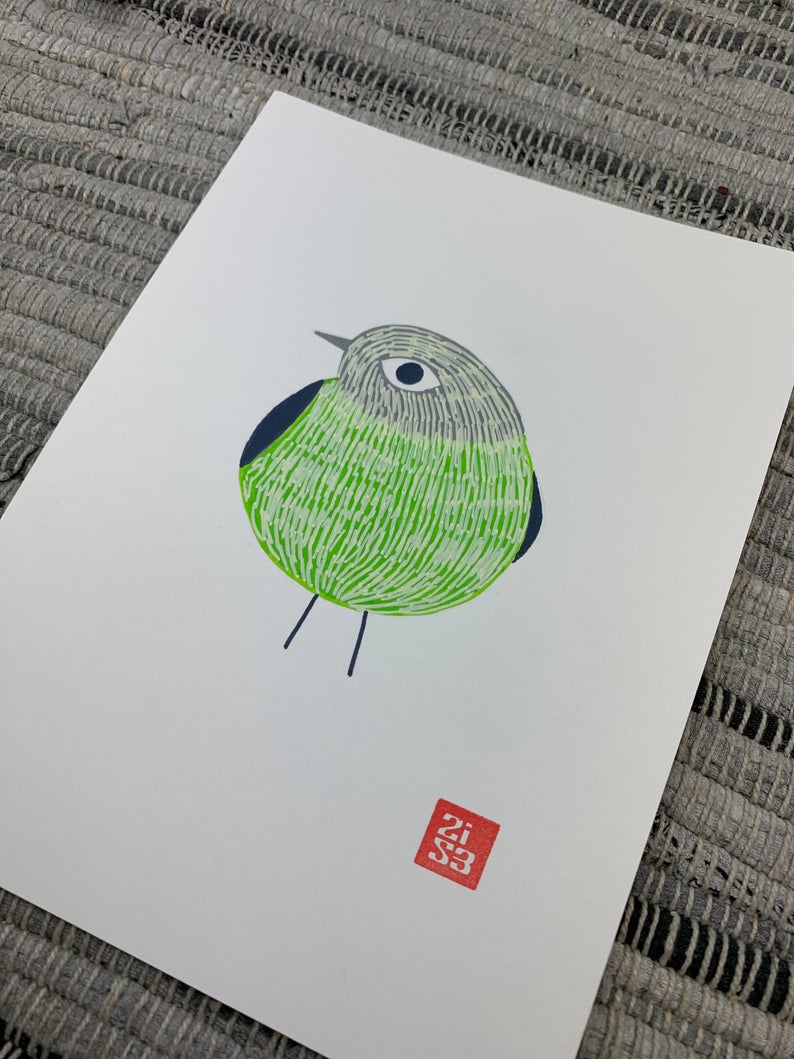 Original artwork of a little green and grey bird.