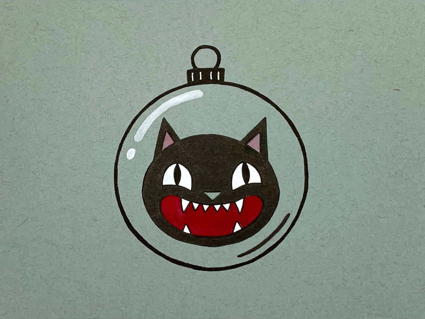 Original illustration of a vintage looking screaming cat inside of a glass ornament, like a Halloween decoration. Made using ink, watercolor, and gouache.