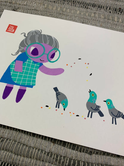 Original artwork of an older grandmother type character feeding three pigeons.