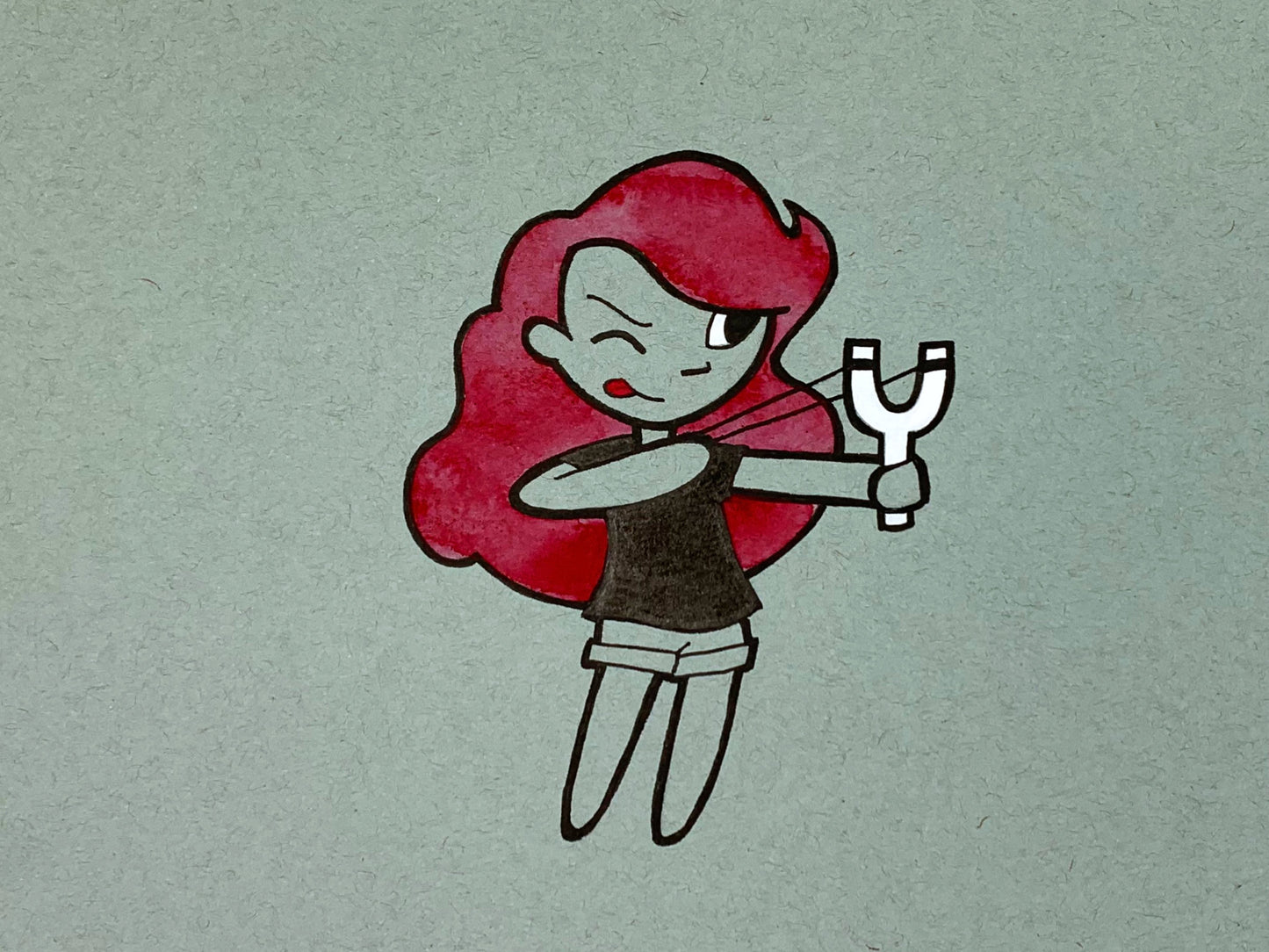 Original illustration of a red headed girl sticking her tongue out while she aims with her slingshot. Made using ink, watercolor, and gouache.