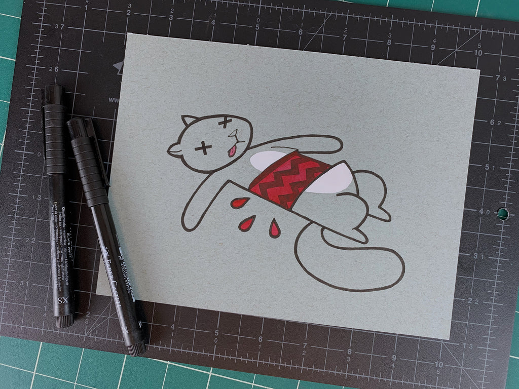 Studio shot of an original illustration of a dead squirrel that has a tire tread mark through it's mid-section. Made using ink, watercolor, and gouache.