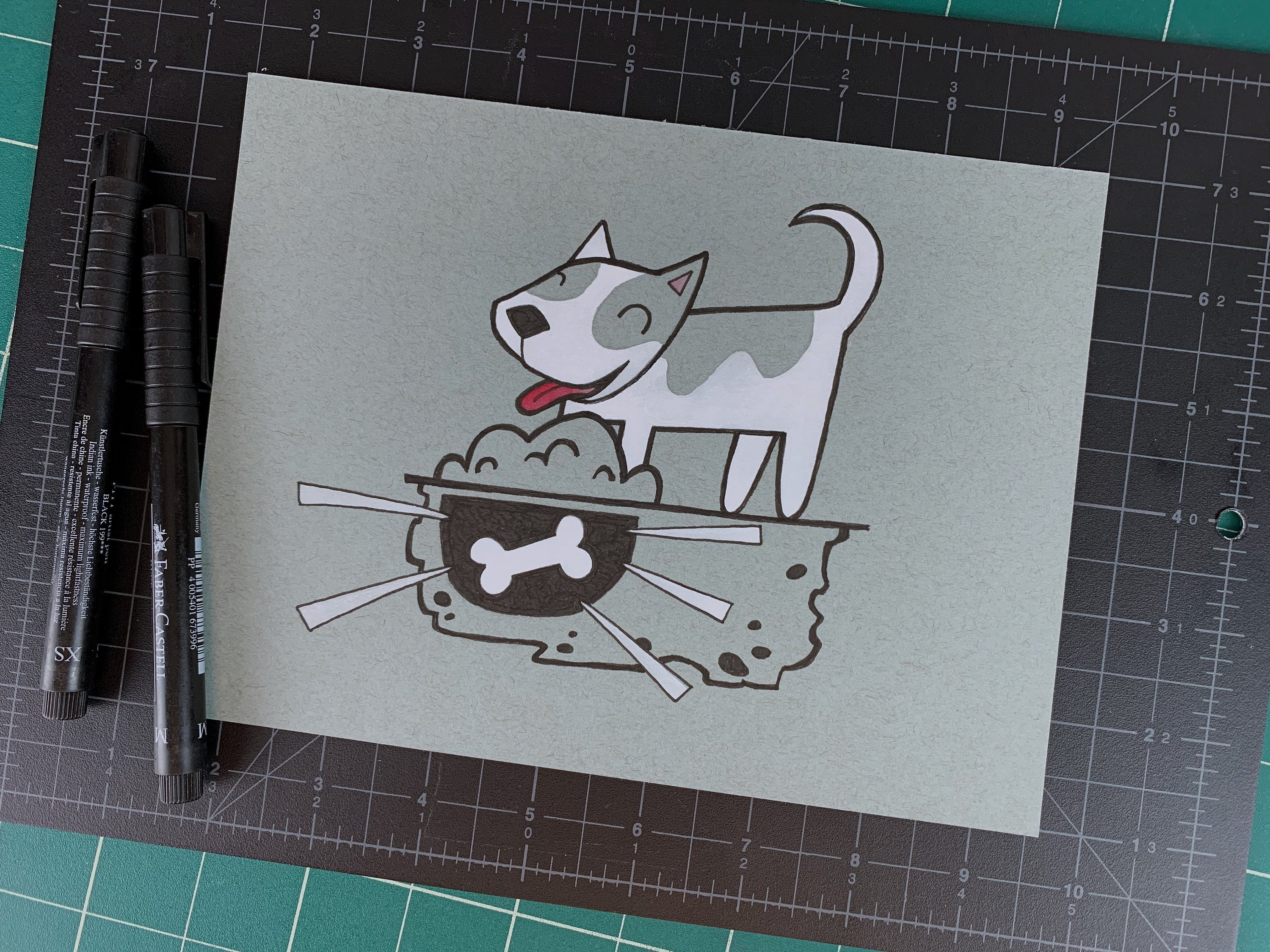Studio shot of an original illustration of a happy dog standing over a cross-section view of the ground with a bone that's been buried. Made using ink, watercolor, and gouache.