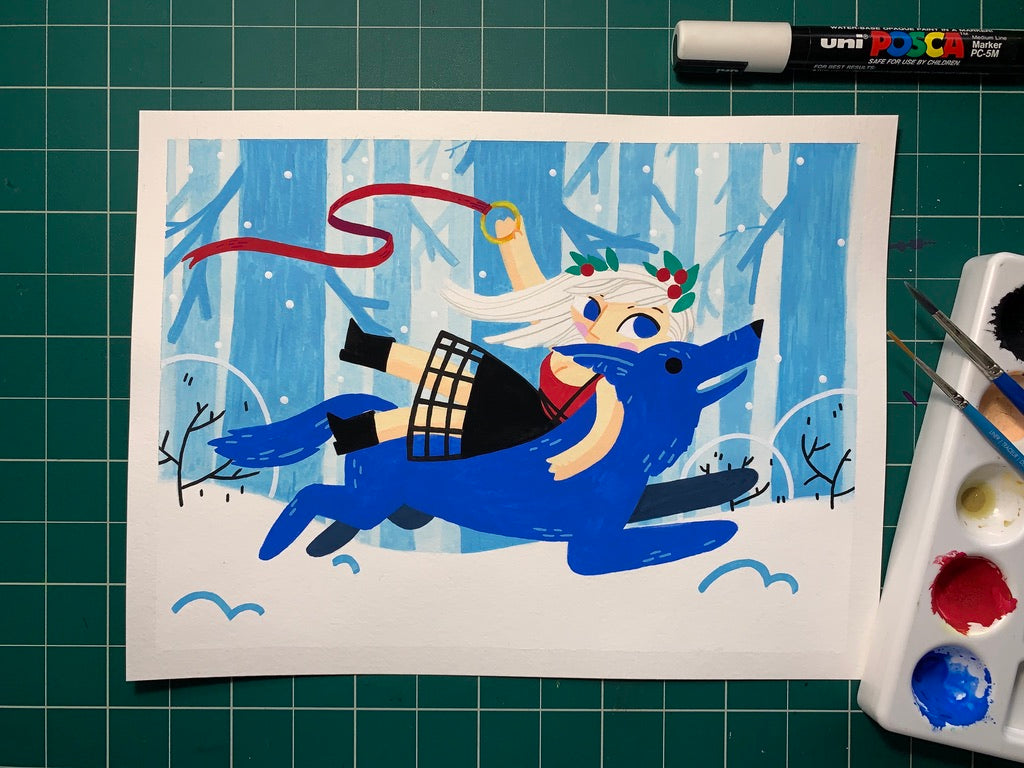 A painting of a woman riding a blue wolf through a snowy forest.