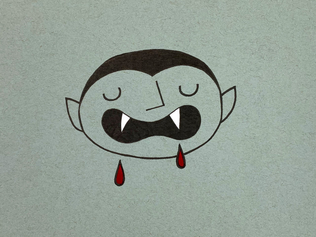 Original illustration of a cute vampire with big sharp teeth and blood drips. Made using ink, watercolor, and gouache.