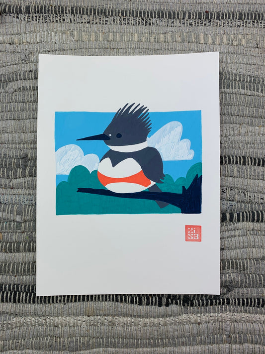 Original artwork of a cute Belted Kingfisher bird sitting on a branch.