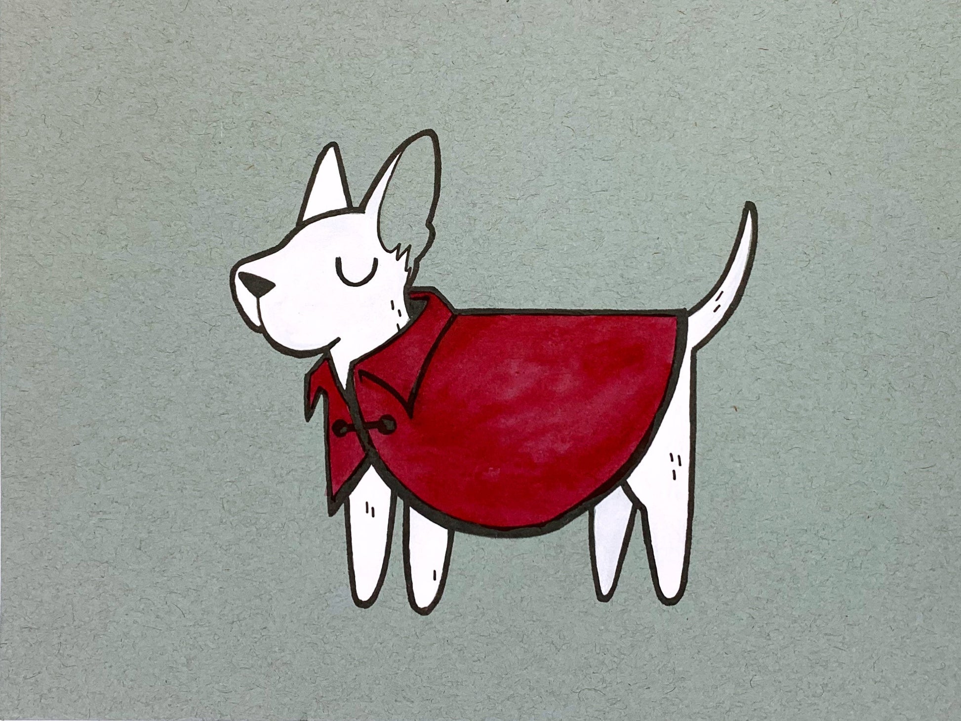 Original illustration of a white puppy dog wearing a smart red coat or jacket. Made using ink, watercolor, and gouache.