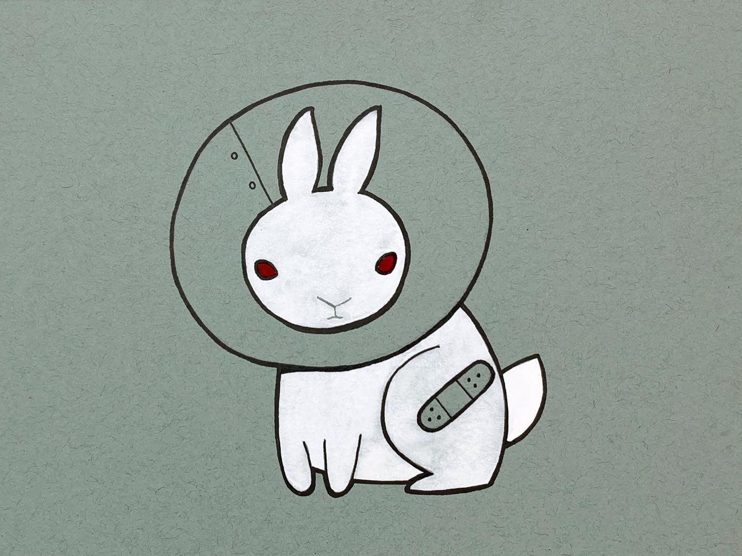 Original illustration of a white rabbit (bunny) wearing a cone collar (cone of shame) with a band-aid over an injurred leg. Made using ink, watercolor, and gouache.