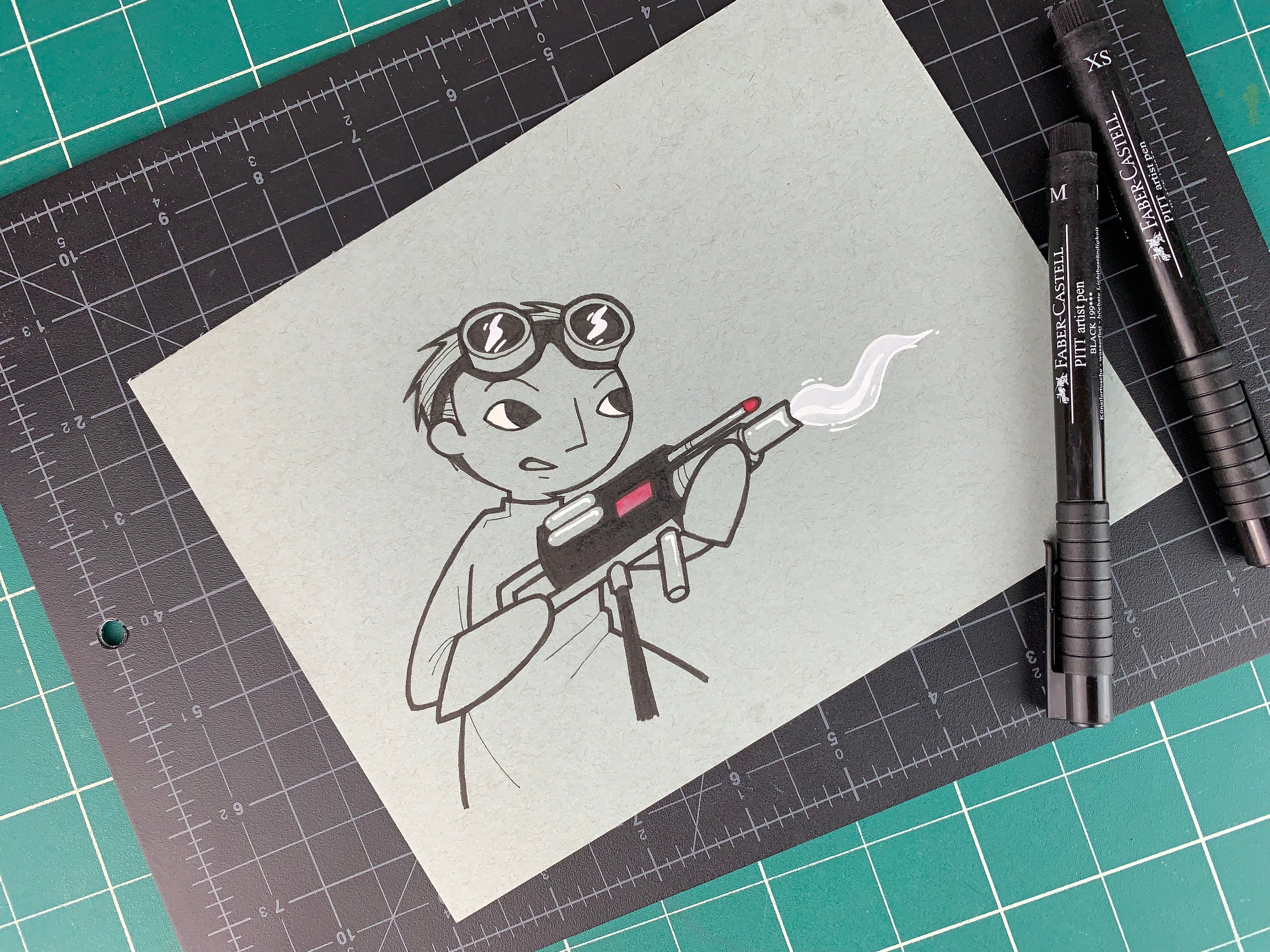 Studio shot of a fan art style illustration of Neil Patrick Harris as Dr. Horrible holding a freeze ray. Made using ink, watercolor, and gouache.