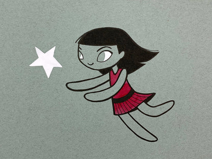 Original illustration of a girl in a red dress chasing a white star. Made using ink, watercolor, and gouache.
