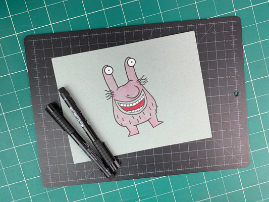 Studio shot of a fan art style illustration of Krumm from Aaahh!!! Real Monsters” holding his eyes above his head. Made using ink, watercolor, and gouache.