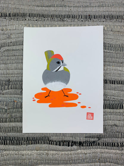 Original artwork of a green-tailed towhee with an orange head and abstract orange ground.