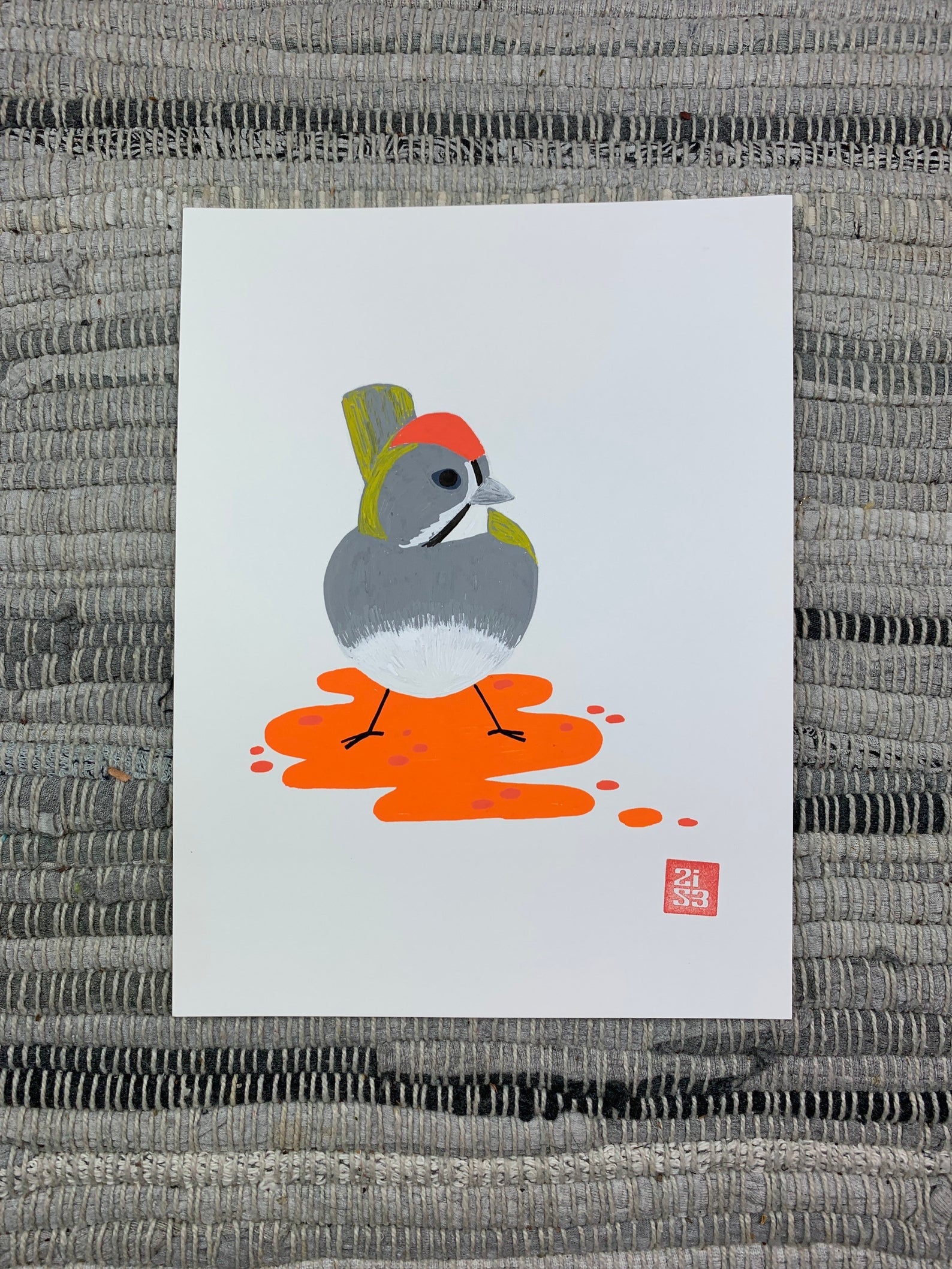 Original artwork of a green-tailed towhee with an orange head and abstract orange ground.