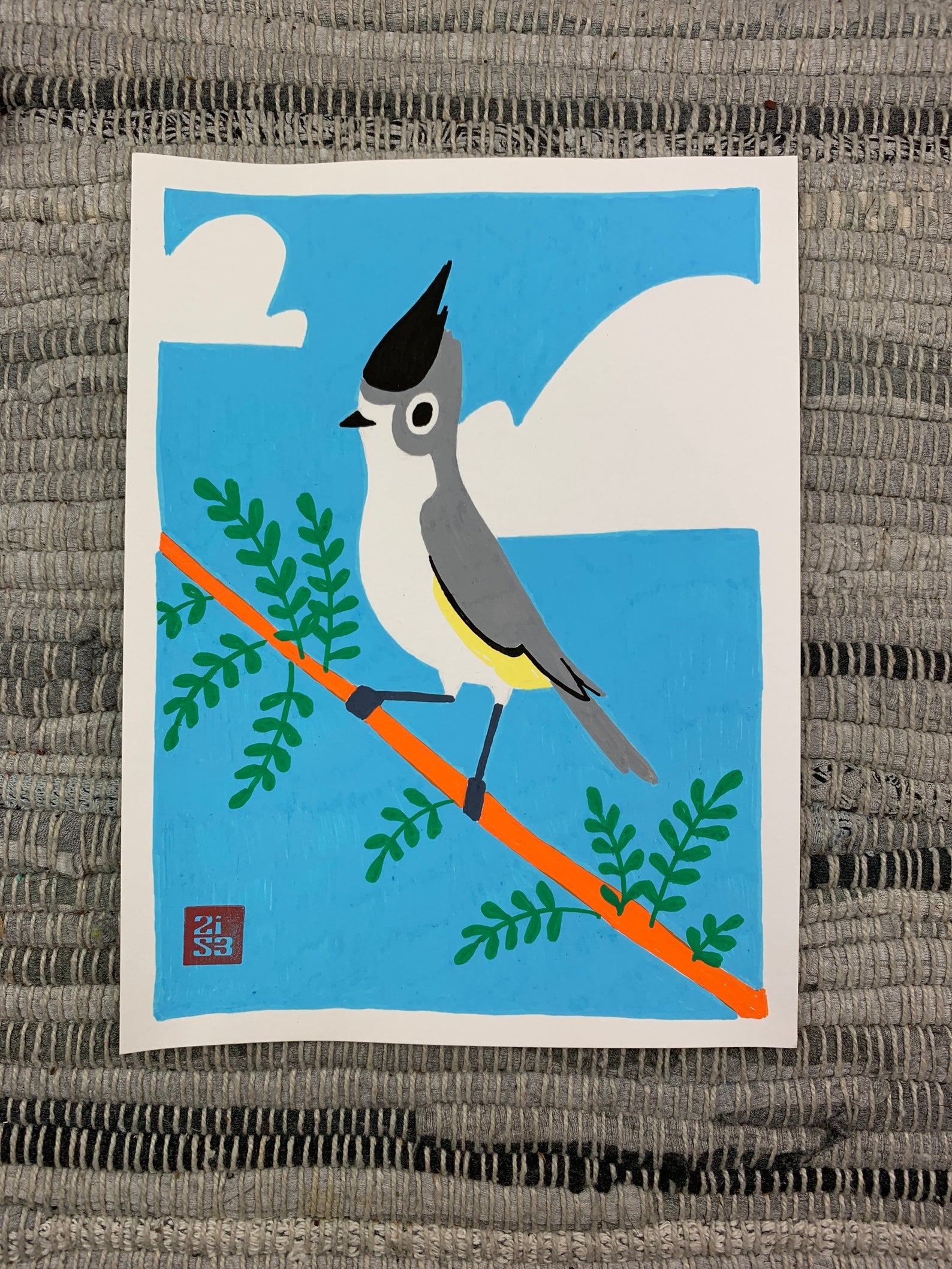 Original artwork of a small grey bird with some yellow highlights under it's wings.