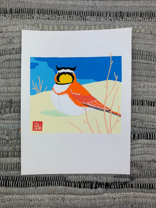 Original artwork of a horned lark bird sitting on a white sands desert background.
