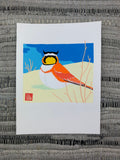 Original artwork of a horned lark bird sitting on a white sands desert background.