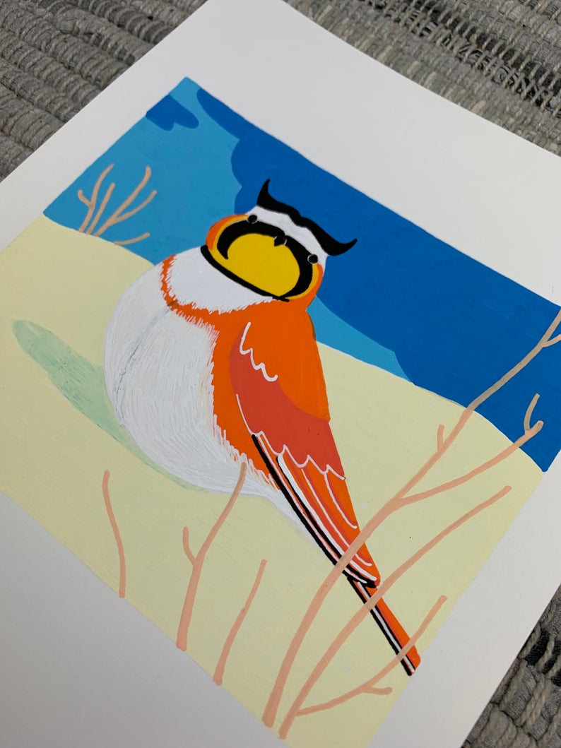 Original artwork of a horned lark bird sitting on a white sands desert background.