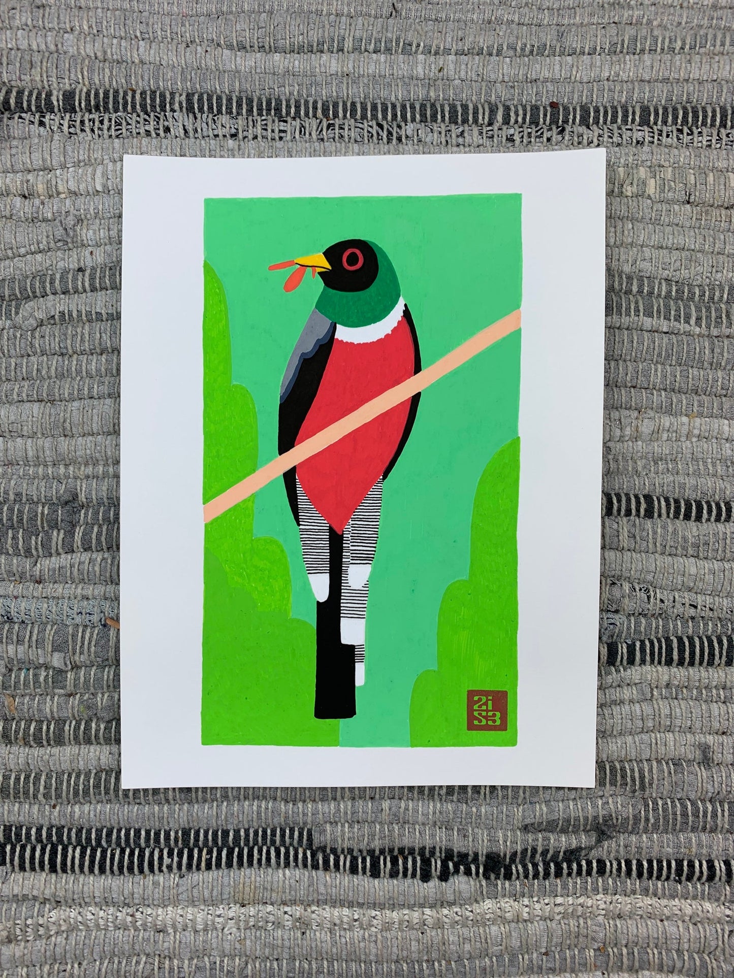 Original artwork of an elegant trogon bird sitting on a branch eating a winged inspect.