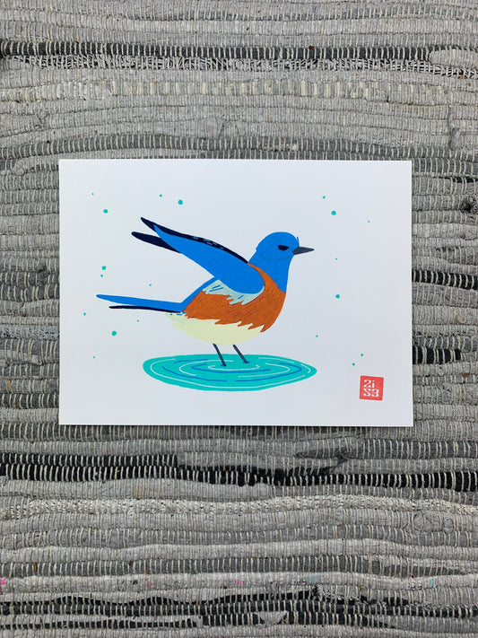 Original artwork of a western blue bird bathing in a small pool of water.