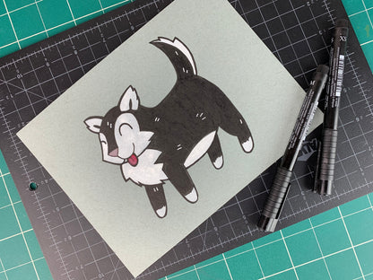 Studio shot of an original illustration of a chonky overweight fat husky. Made using ink, watercolor, and gouache.