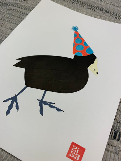 Original artwork of a black water bird, a coot, with a funny little birthday hat on.