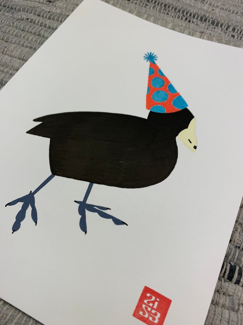 Original artwork of a black water bird, a coot, with a funny little birthday hat on.