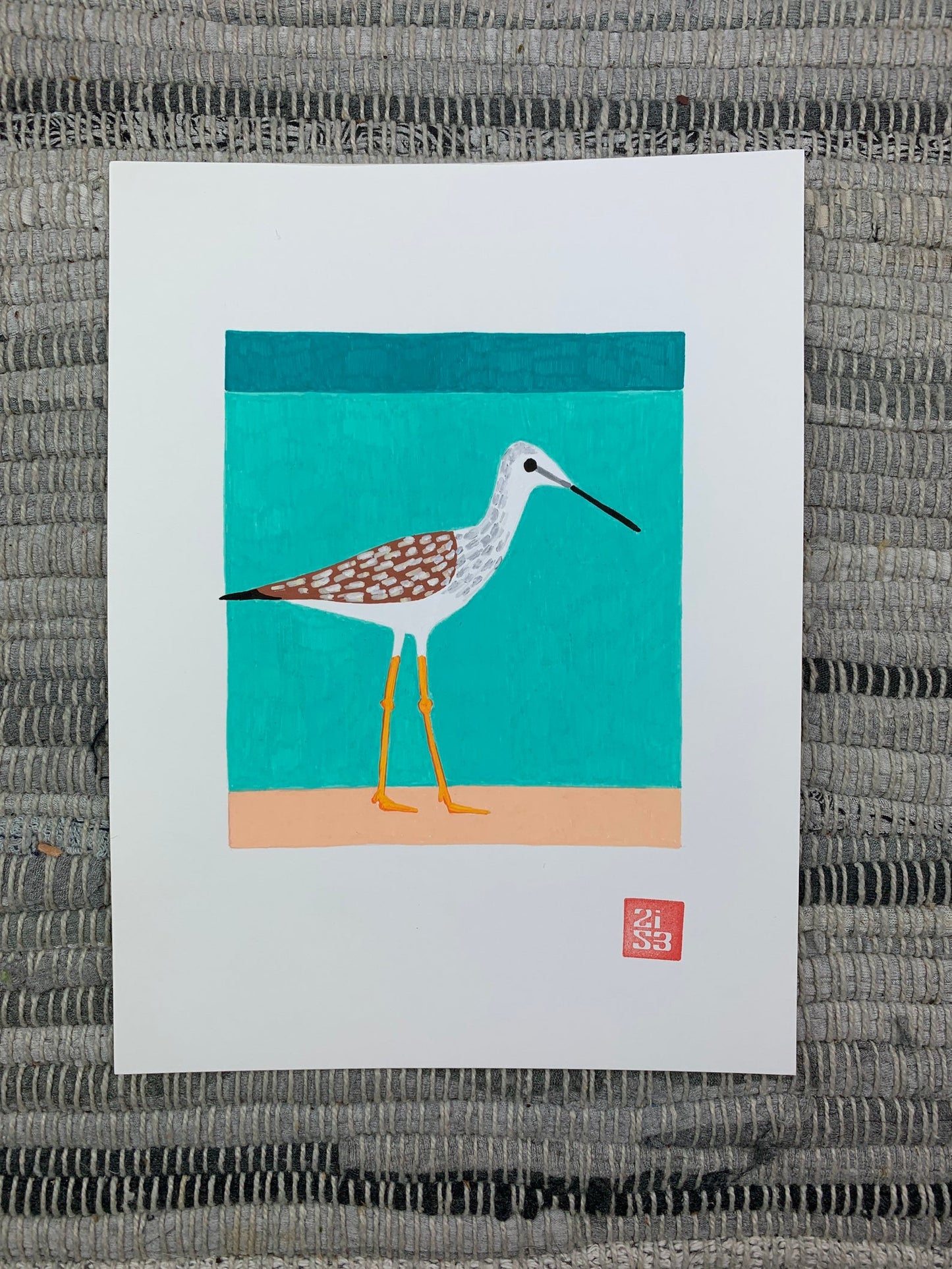 Original artwork of a shore bird with some long yellow legs.