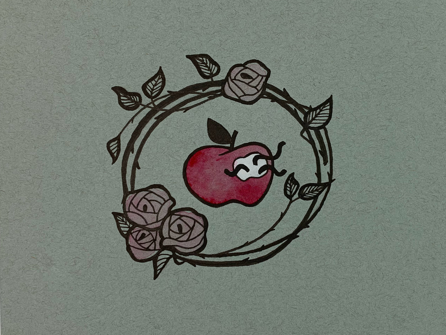 Original illustration of an apple with three little worms coming out of it that is surrounded by a wreath of rose vines. Made using ink, watercolor, and gouache.