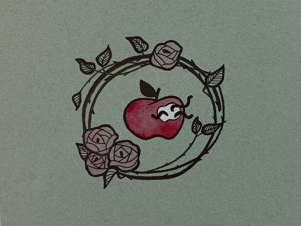 Original illustration of an apple with three little worms coming out of it that is surrounded by a wreath of rose vines. Made using ink, watercolor, and gouache.