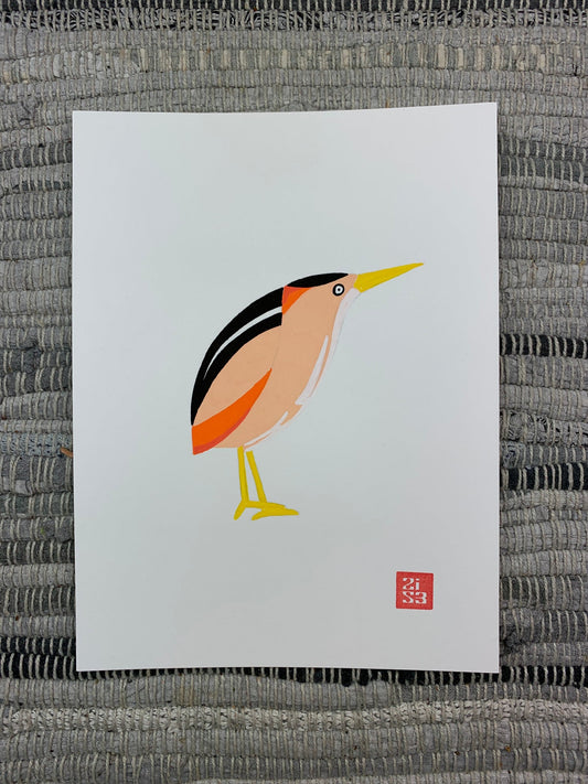 Original artwork of a small heron bird with it's neck tucked in.