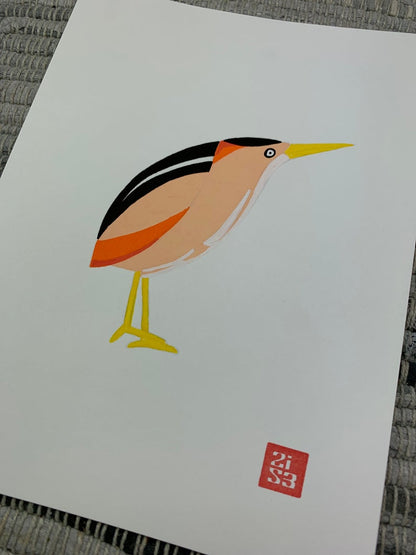 Original artwork of a small heron bird with it's neck tucked in.