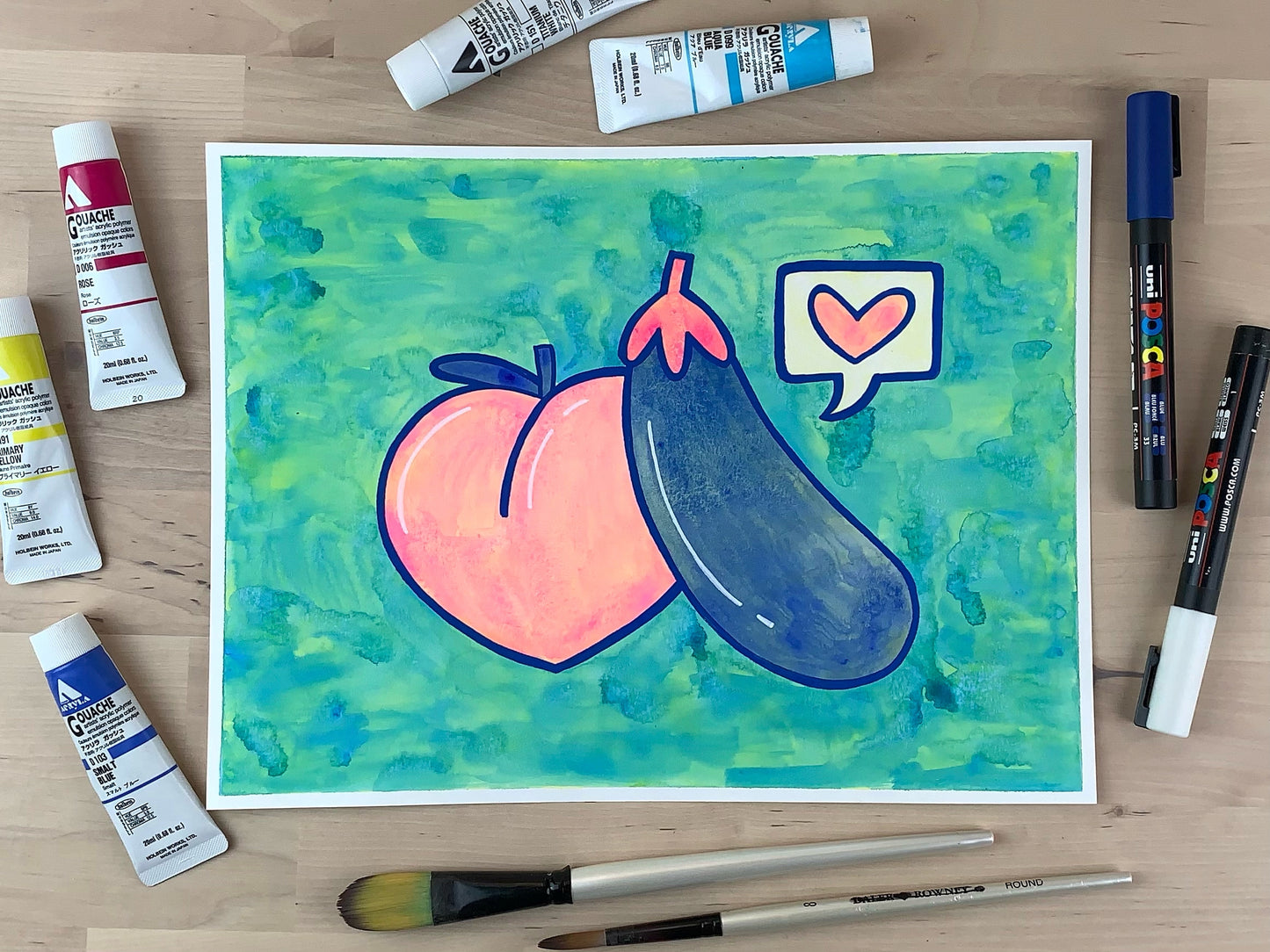 Painting of a peach and eggplant emoji with a like icon.
