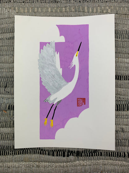 Original artwork of a snowy egret rising through a cloudy purple sky set inside a rectangle.