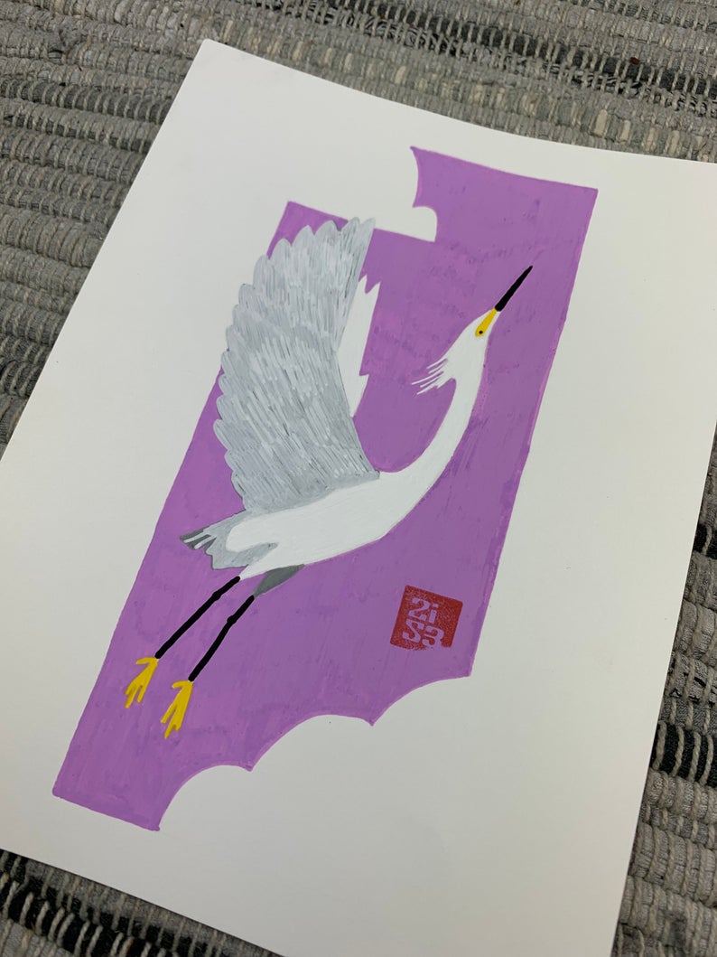 Original artwork of a snowy egret rising through a cloudy purple sky set inside a rectangle.