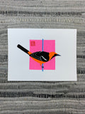 Original artwork of a orange bird standing on a vertical pole or wire.