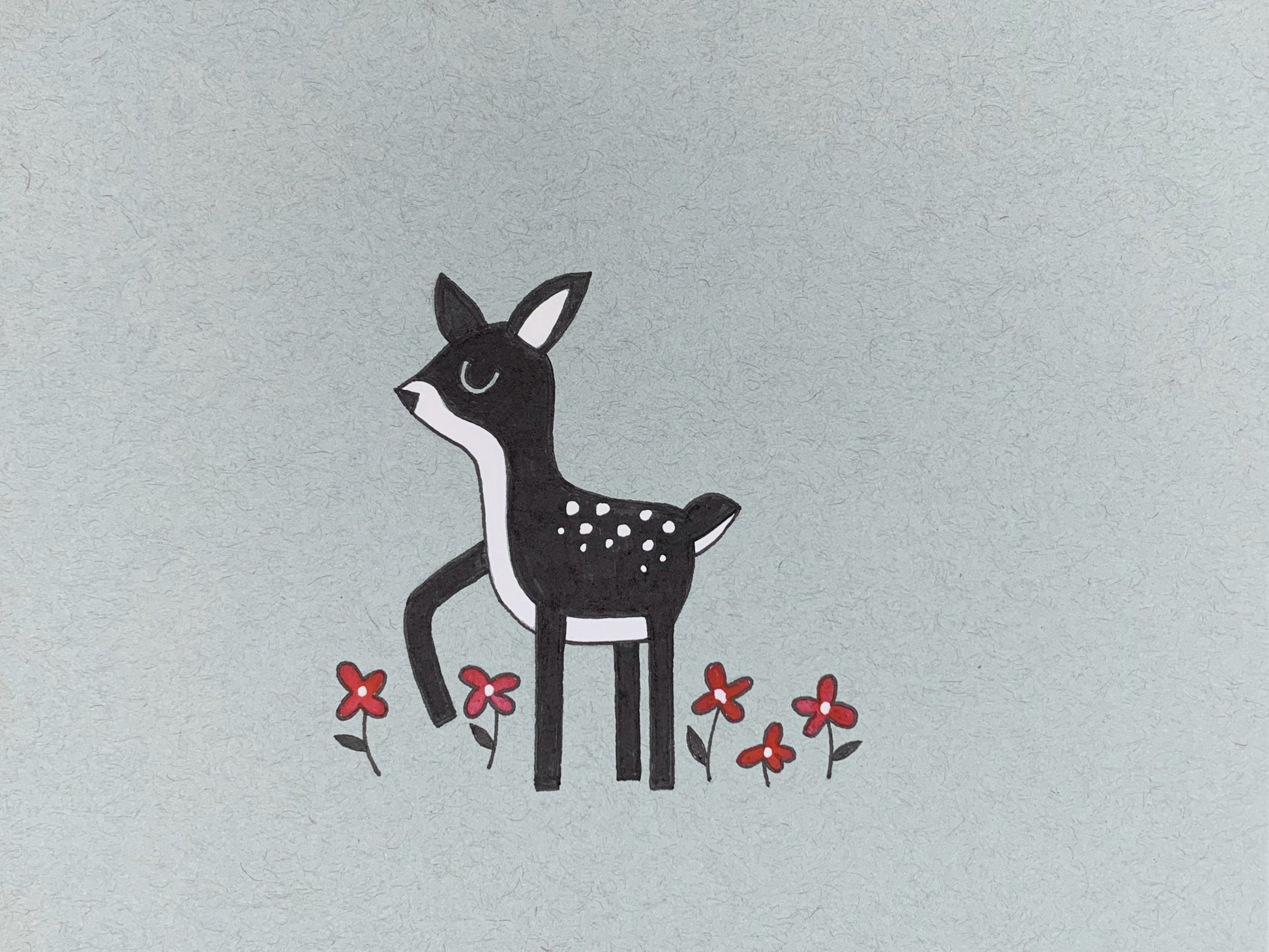 Original illustration of a little deer walking through a field of little flowers. Made using ink, watercolor, and gouache.