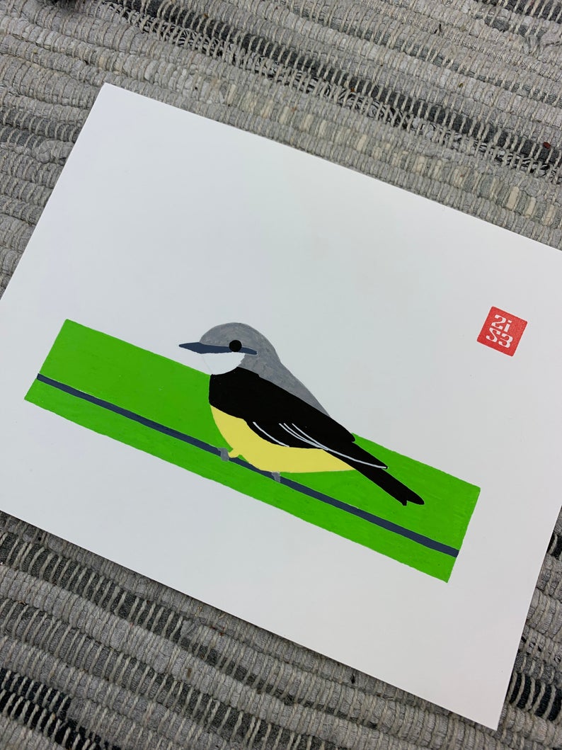 Original artwork of a Western Kingbird bird sitting on a wire, framed within a green rectangle.