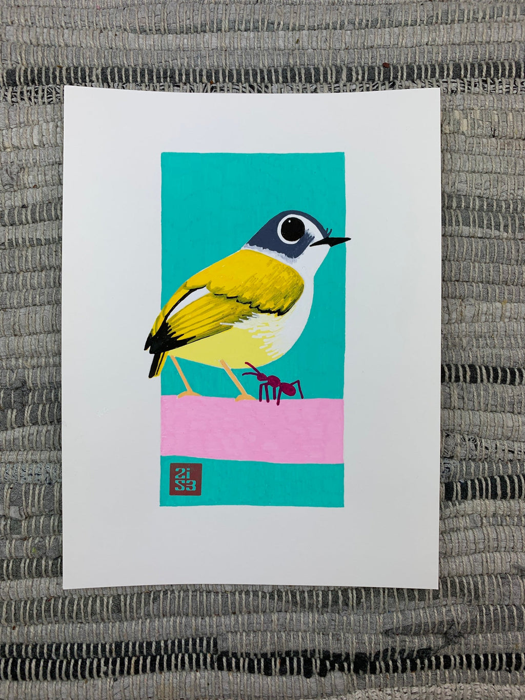 Original artwork of a bird with a funny name standing on a branch beside a red ant.