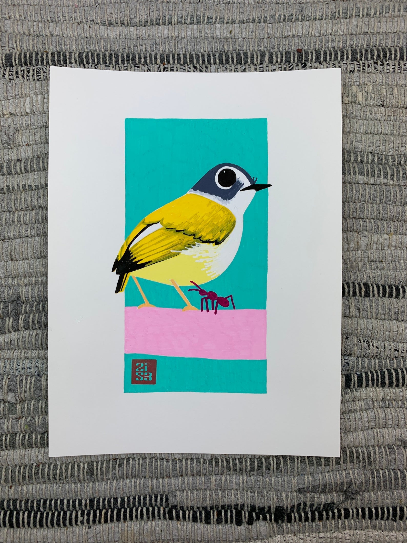 Original artwork of a bird with a funny name standing on a branch beside a red ant.