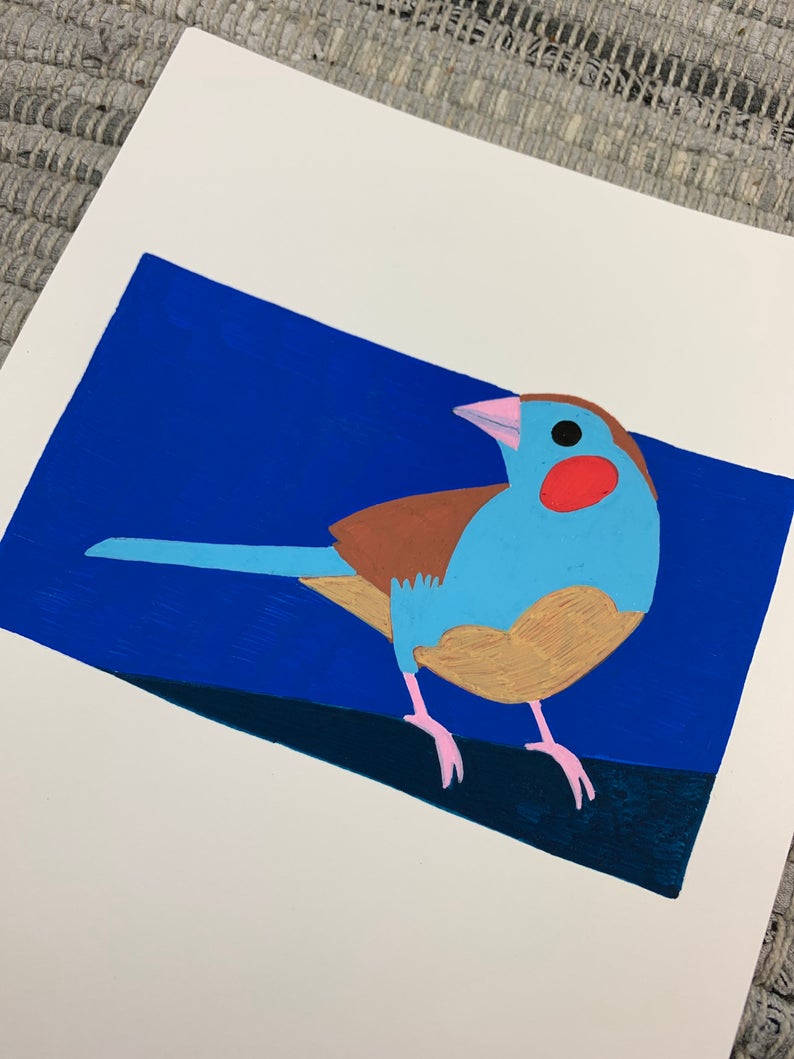 Original artwork of a bird with bright red cheeks seen in the San Diego Zoo.