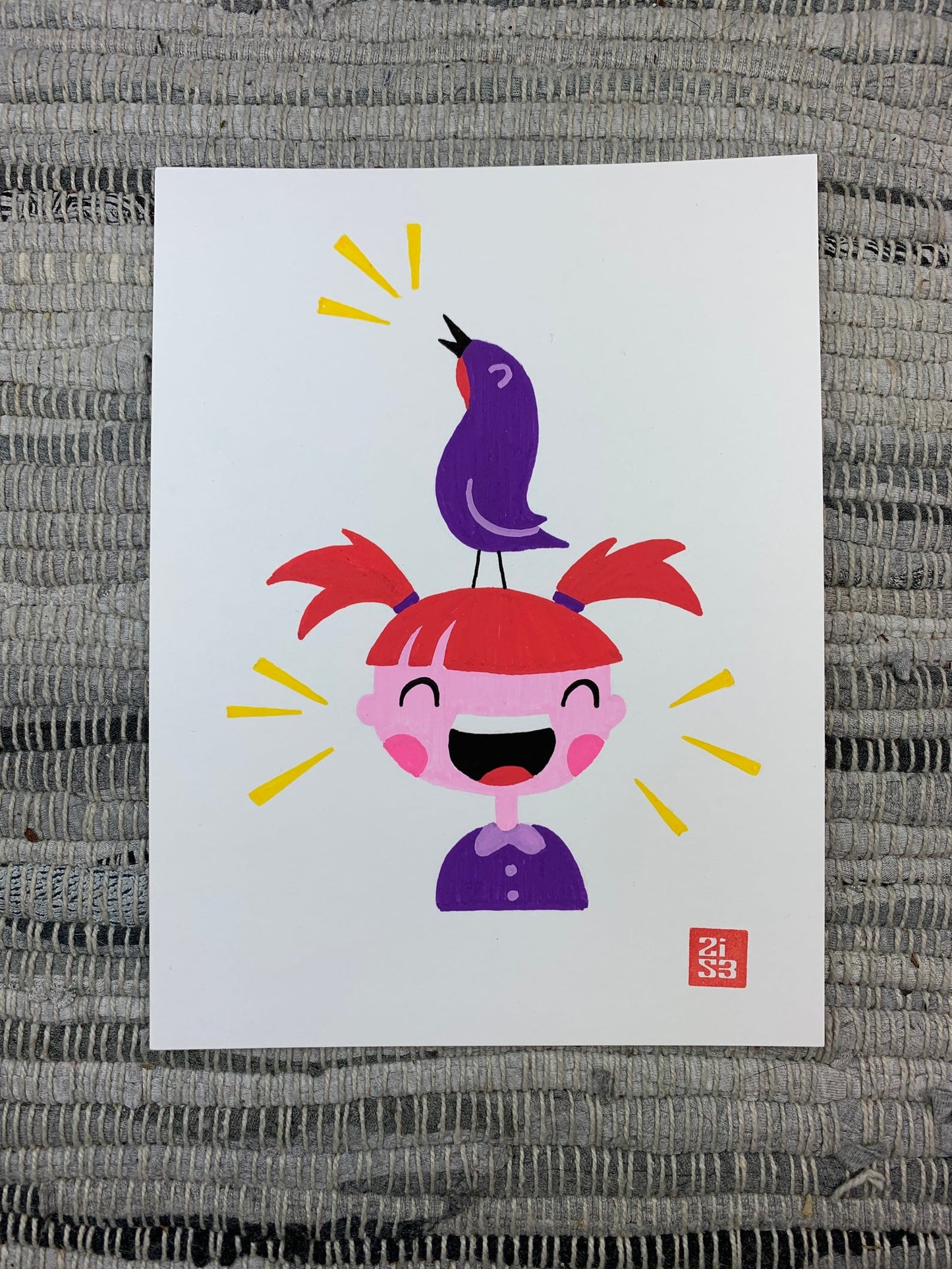 Original artwork of a little girl laughing loudly while a chachalaca bird stands on her head and chatters too.