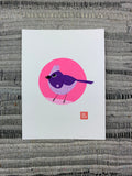 Original artwork of a fictitious bird with purple plumage based on a famous 1999 awards show outfit worn by Lil Kim.
