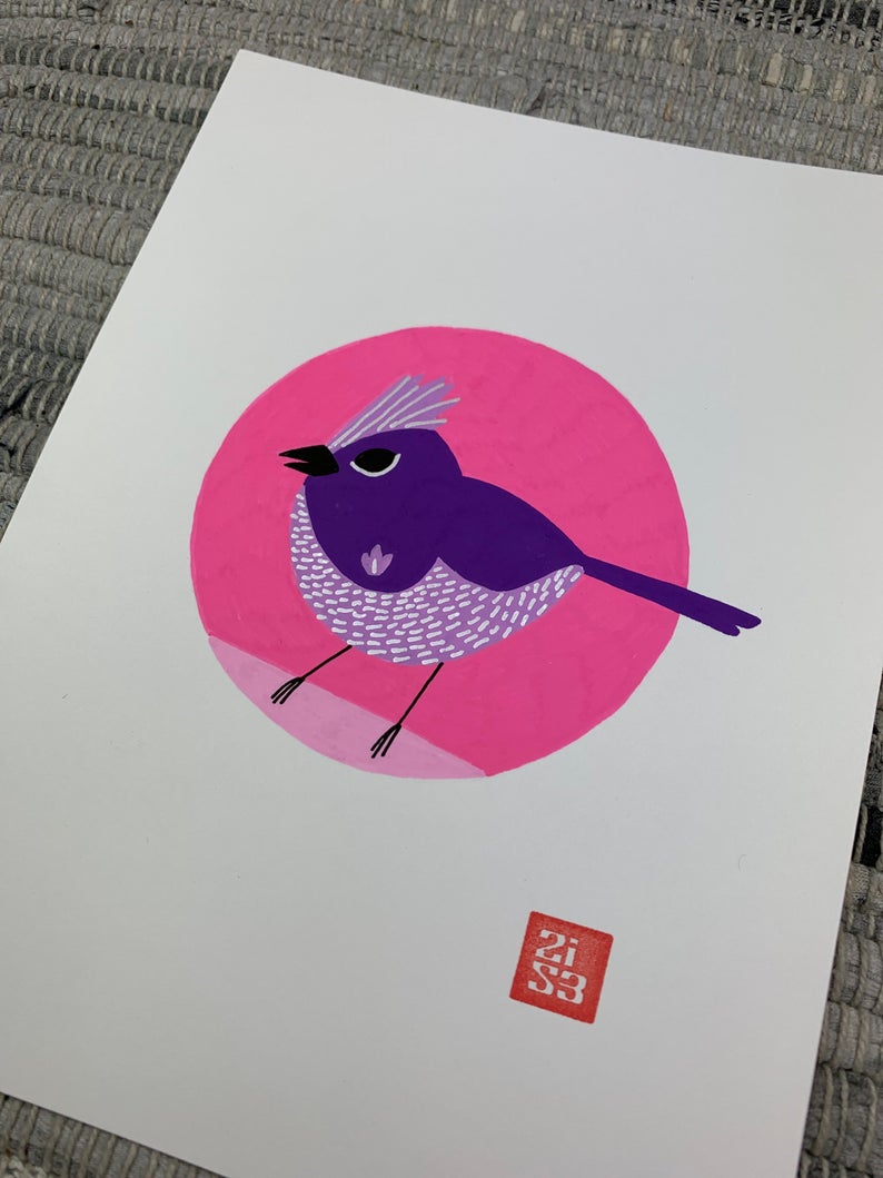 Original artwork of a fictitious bird with purple plumage based on a famous 1999 awards show outfit worn by Lil Kim.