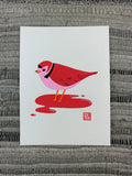 Original artwork of a fictitious bird with bright red plumage standing in a pool of blood.
