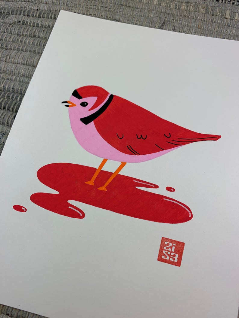 Original artwork of a fictitious bird with bright red plumage standing in a pool of blood.