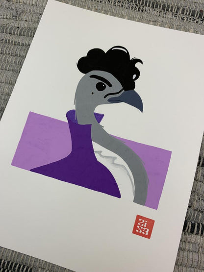 Original artwork of a fictitious bird based on a caricature of the artist Prince.