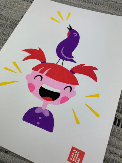 Original artwork of a little girl laughing loudly while a chachalaca bird stands on her head and chatters too.
