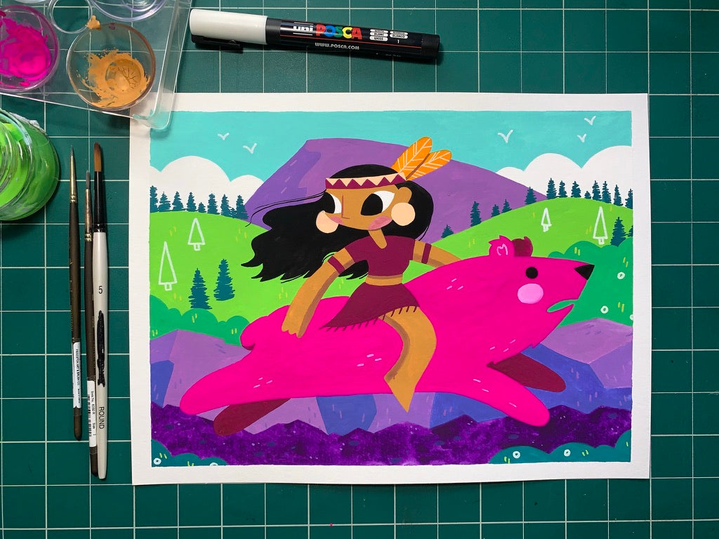 A painting of a native american woman riding a pink bear through the mountains.