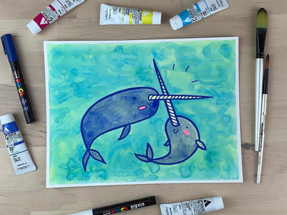 Painting of two blue narwhals fighting with their tusks.