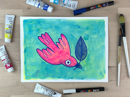 Painting of a pink bird flying while holding a leaf in its mouth.