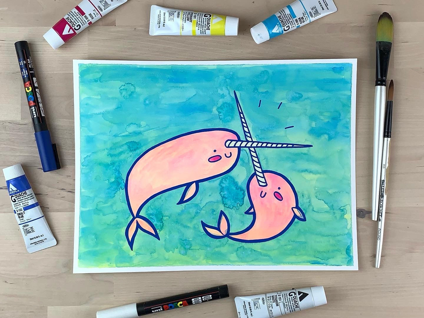 Painting of two pink narwhals fighting with their tusks.